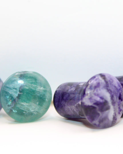Fluorite Stone Single Flare Plugs Pair of Purple, Green, and Blue Gauges 4mm-25mm