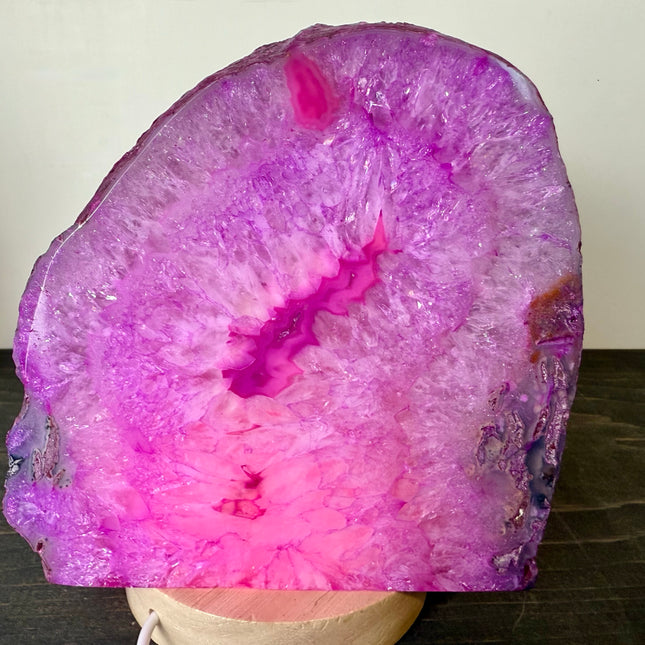 Polished Agate Geode Lamp Pink Lamp with Wooden Light Stand - EC Plugs