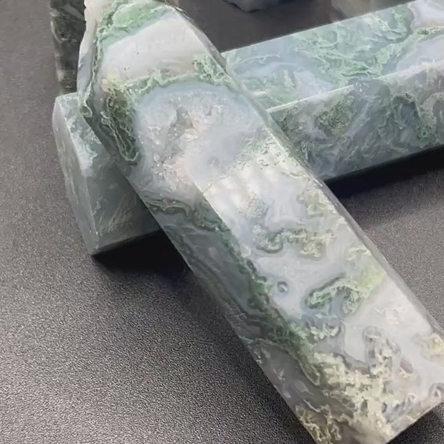 Moss Agate towers-windows into a tiny forest