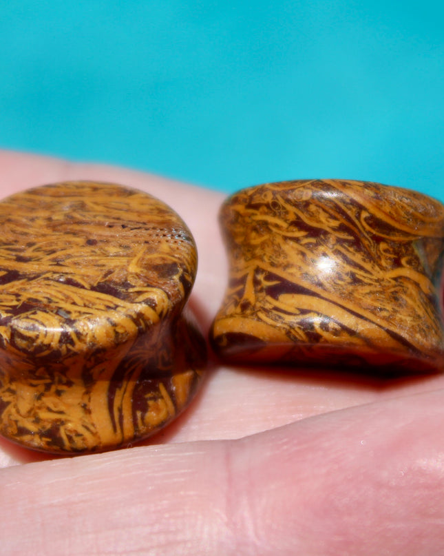 Organic Calligraphy Stone Plugs – Double Flare Stone with Wood-Like Appearance Rate and Unique  Gauges for Natural Style