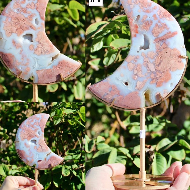 Cotton Candy Agate Moon Carvings – Pink and White Stone Moons on Gold Display Stands, Polished Agate Decorative Pieces, You Pick Your Exact Moon