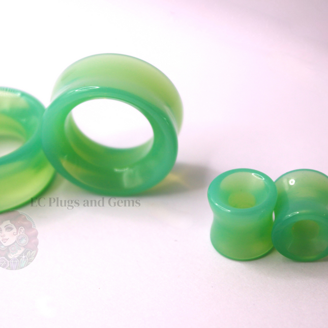 Opalite Green Glass Tunnel Plugs – Double Flare Eyelet Gauges (Pair), Luminous Green