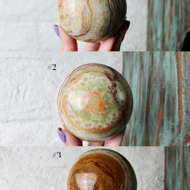 Green Onyx Sphere 75mm –Pick Your Exact Sphere, Natural Stone Decorative Sphere, Polished Green and Brown Onyx Ball for Display, Home or Office Décor