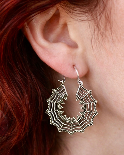 Silver Brass Spiderweb Hanger Earrings – Suitable for Standard Piercings or Stretched Ears