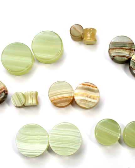 Green Onyx Double Flare Stone Plugs – Natural Light Green and Brown Striped Gauges in 6mm–25mm 