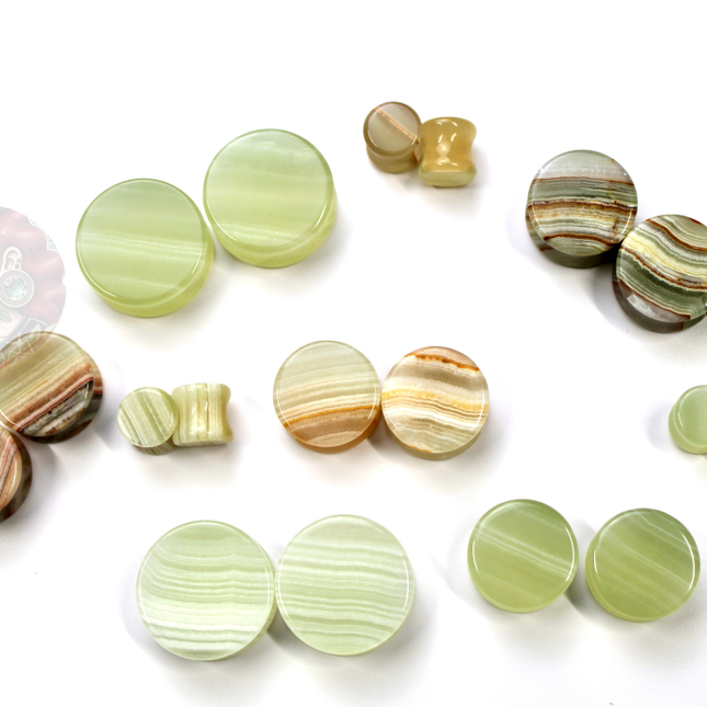 Green Onyx Double Flare Stone Plugs – Natural Light Green and Brown Striped Gauges in 6mm–25mm 