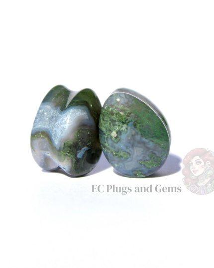 Moss Agate Stone Tear Drop Plugs Double Flare Pair Green Natural Gauges 6mm-16mm