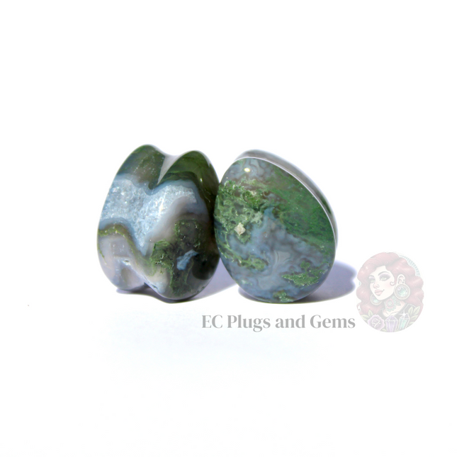 Moss Agate Stone Tear Drop Plugs Double Flare Pair Green Natural Gauges 6mm-16mm