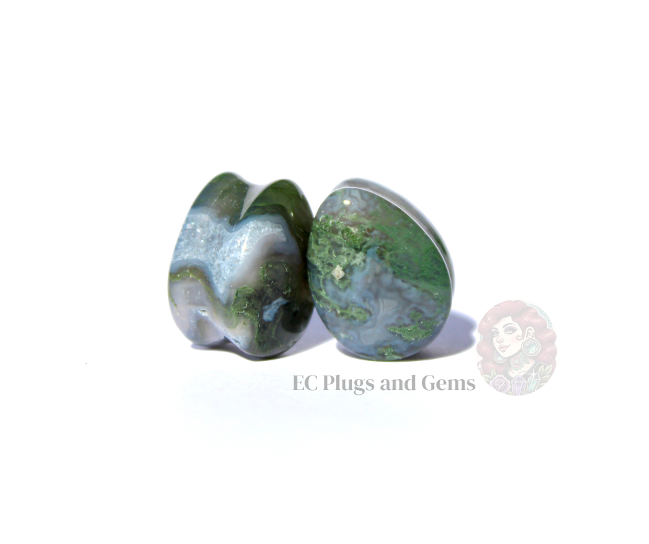 Moss Agate Stone Tear Drop Plugs Double Flare Pair Green Natural Gauges 6mm-16mm