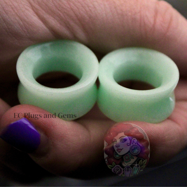 Green Glow In The Dark Tunnel Plugs - Opalite Green Glass Double Flare Eyelet Gauge 6mm-25mm