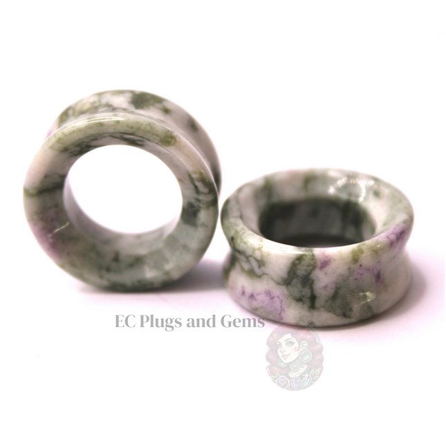 Peace Jade Tunnel Plugs - Green and Lavender Stone Eyelet Gauges