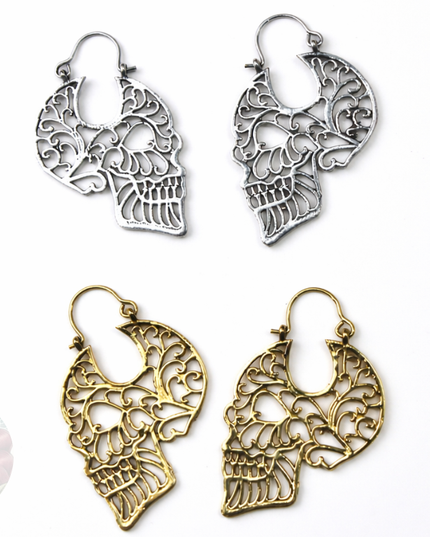 Skull Filigree Brass Earrings &amp; Hangers – Gold or Silver Tone, For Standard Piercings or Stretched Ears