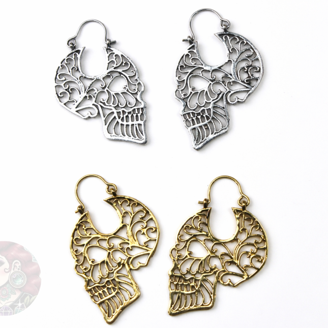 Skull Filigree Brass Earrings &amp; Hangers – Gold or Silver Tone, For Standard Piercings or Stretched Ears