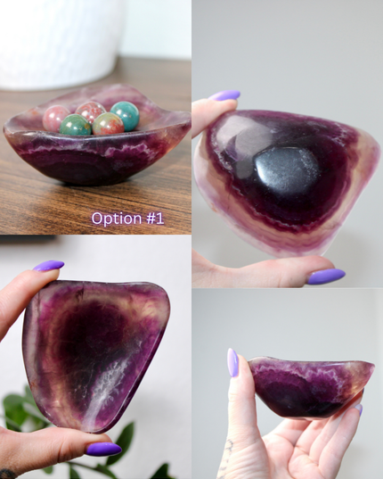 This Fluorite Bowl is made from genuine natural stone and showcases the beautiful color banding and clarity typical of fluorite. Ranging from soft greens to deep purples, each bowl is uniquely patterned and polished to a smooth, glossy finish.

