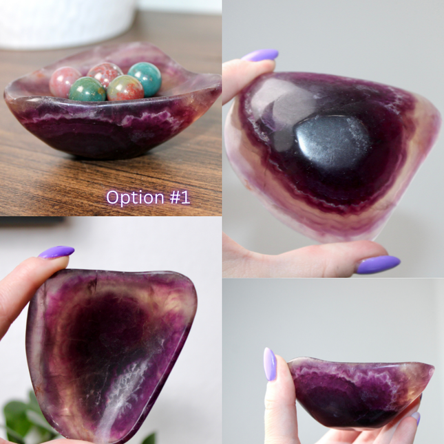 This Fluorite Bowl is made from genuine natural stone and showcases the beautiful color banding and clarity typical of fluorite. Ranging from soft greens to deep purples, each bowl is uniquely patterned and polished to a smooth, glossy finish.
