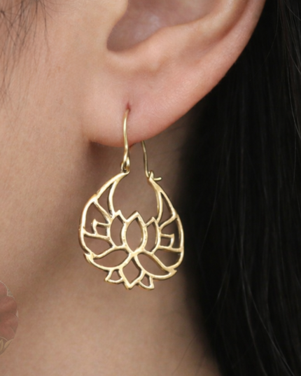 Lotus Flower Golden Brass Earrings Suitable for Standard Piercing and Stretched Ears