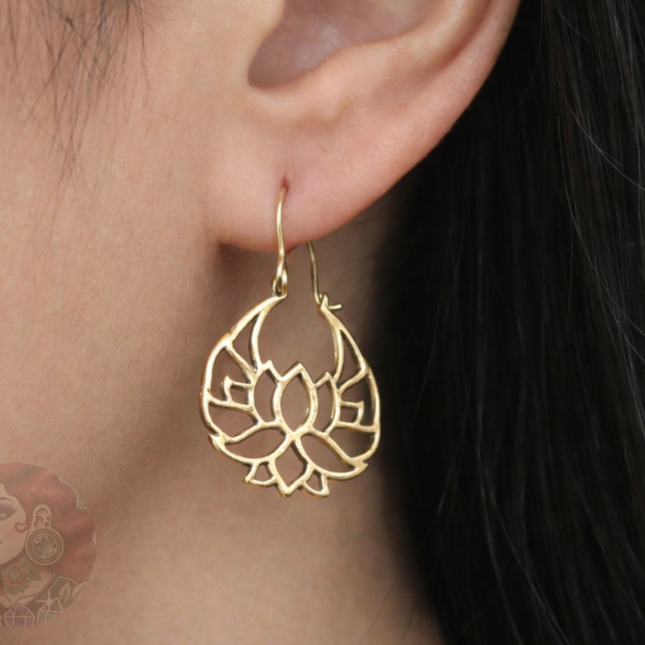 Lotus Flower Golden Brass Earrings Suitable for Standard Piercing and Stretched Ears