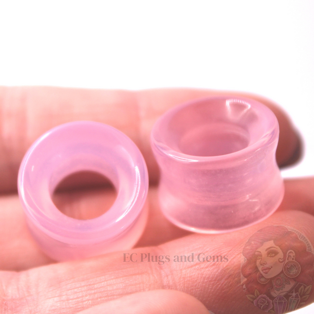 Pink Opalite Tunnel Plugs – Double Flare Crystal Eyelet Gauges (Pair), Soft Pink Iridescent Glow