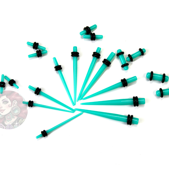 Stretching Taper Kit Includes Acrylic Teal Plugs and Tapers – Sizes 14G to 00G&nbsp;