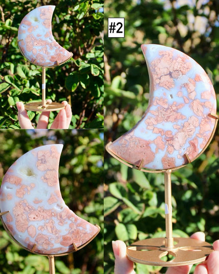 Cotton Candy Agate Moon Carvings – Pink and White Stone Moons on Gold Display Stands, Polished Agate Decorative Pieces, You Pick Your Exact Moon