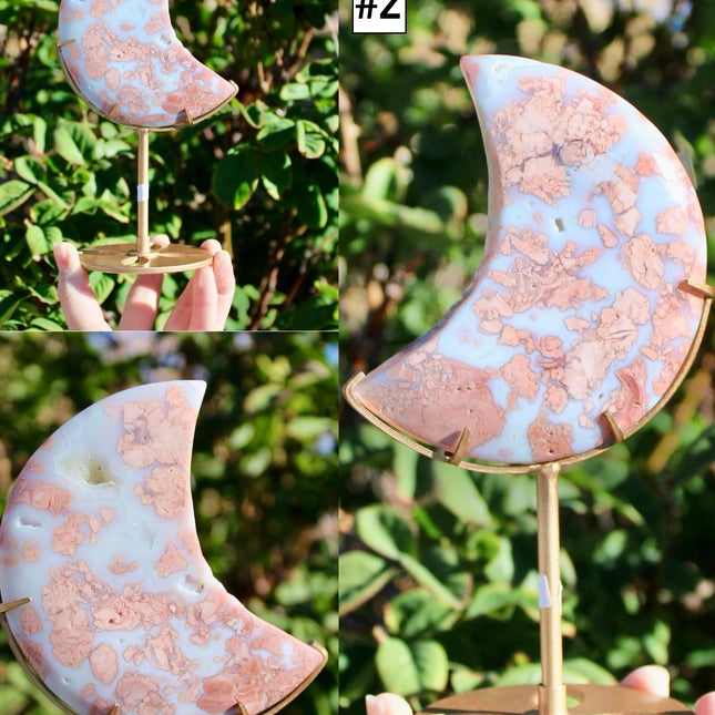Cotton Candy Agate Moon Carvings – Pink and White Stone Moons on Gold Display Stands, Polished Agate Decorative Pieces, You Pick Your Exact Moon