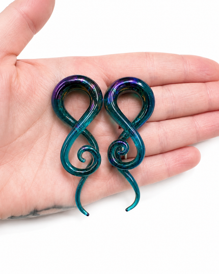 Teal Aura Rainbow Glass Ear Sprials