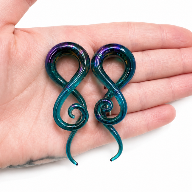 Teal Aura Rainbow Glass Ear Sprials