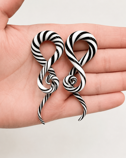 Black and White Striped Glass Ear Sprials 