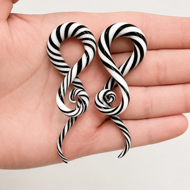 Black and White Striped Glass Ear Sprials 