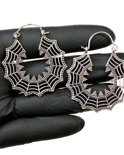 Silver Brass Spiderweb Hanger Earrings – Suitable for Standard Piercings or Stretched Ears