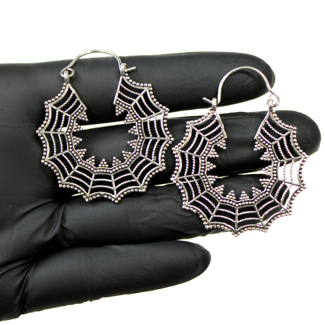 Silver Brass Spiderweb Hanger Earrings – Suitable for Standard Piercings or Stretched Ears