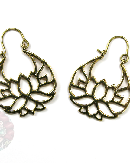Lotus Flower Golden Brass Earrings Suitable for Standard Piercing and Stretched Ears