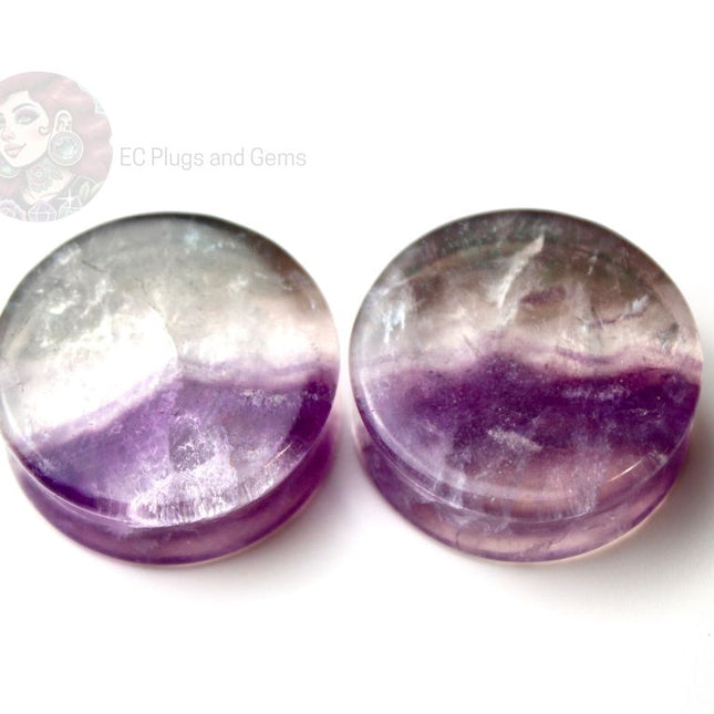 Transparent Fluorite Double Flare Plugs – Rare Clear Fluorite Stone Gauges with Subtle Color Banding