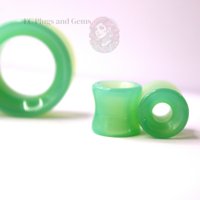 Opalite Green Glass Tunnel Plugs – Double Flare Eyelet Gauges (Pair), Luminous Green