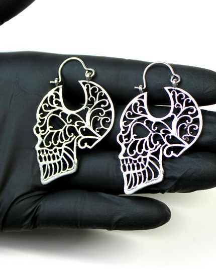 Skull Filigree Brass Earrings &amp; Hangers – Gold or Silver Tone, For Standard Piercings or Stretched Ears