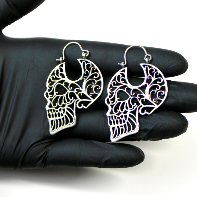 Skull Filigree Brass Earrings &amp; Hangers – Gold or Silver Tone, For Standard Piercings or Stretched Ears