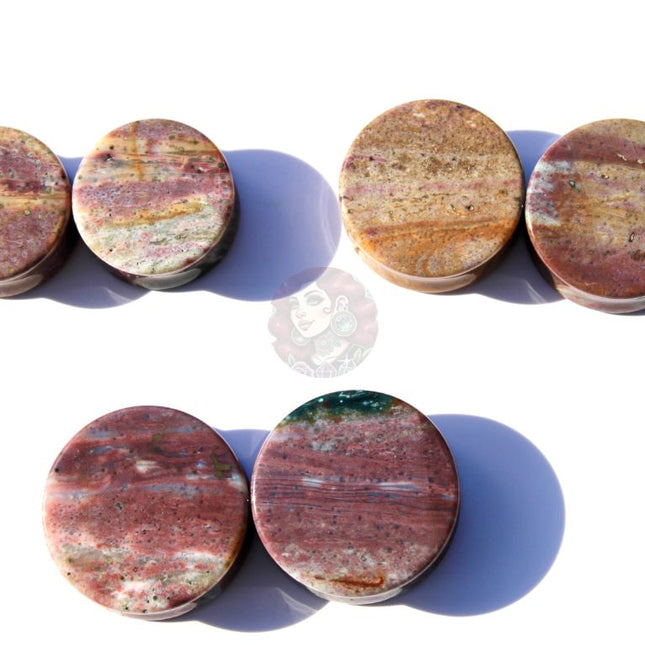 Pink and Purple Orbicular Jasper Double Flare Plugs – Natural Stone Ear Gauges Pair 