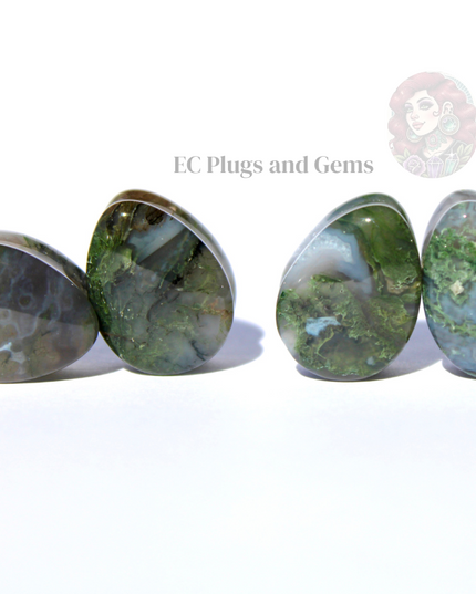 Moss Agate Stone Tear Drop Plugs Double Flare Pair Green Natural Gauges 6mm-16mm