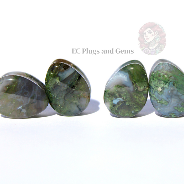 Moss Agate Stone Tear Drop Plugs Double Flare Pair Green Natural Gauges 6mm-16mm