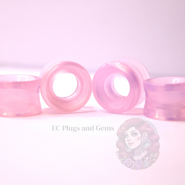 Pink Opalite Tunnel Plugs – Double Flare Crystal Eyelet Gauges (Pair), Soft Pink Iridescent Glow