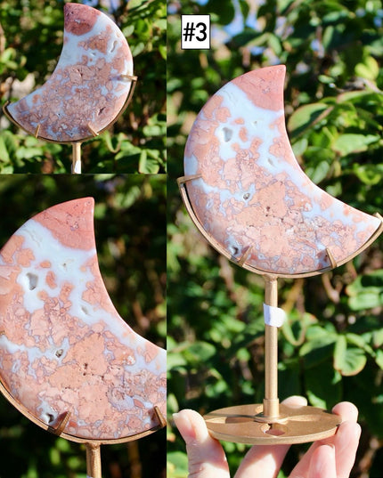 Cotton Candy Agate Moon Carvings – Pink and White Stone Moons on Gold Display Stands, Polished Agate Decorative Pieces, You Pick Your Exact Moon