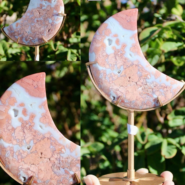 Cotton Candy Agate Moon Carvings – Pink and White Stone Moons on Gold Display Stands, Polished Agate Decorative Pieces, You Pick Your Exact Moon