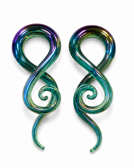 Teal Aura Rainbow Glass Ear Sprials
