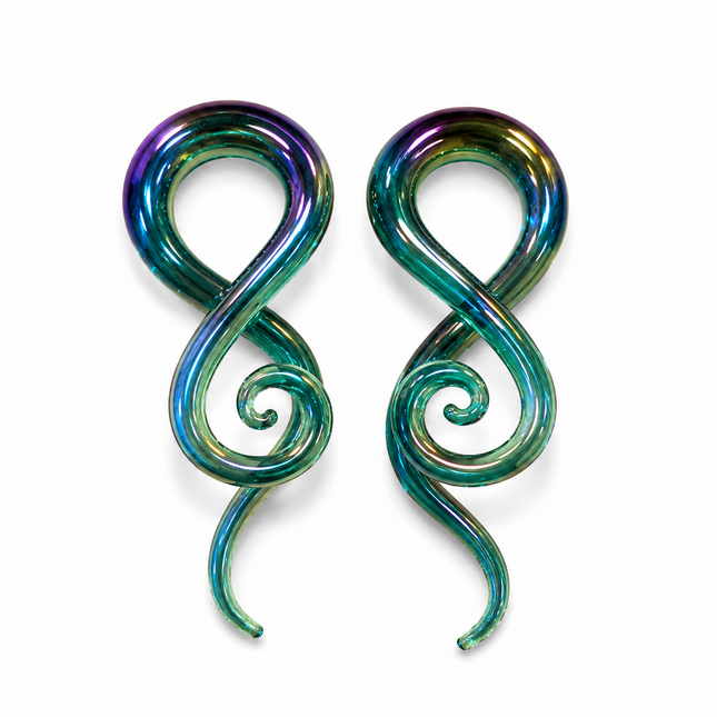 Teal Aura Rainbow Glass Ear Sprials