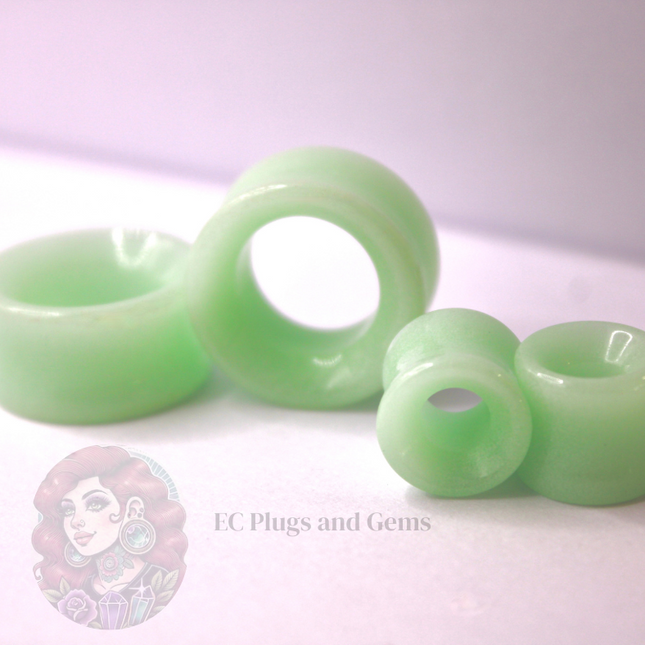 Green Glow In The Dark Tunnel Plugs - Opalite Green Glass Double Flare Eyelet Gauge 6mm-25mm