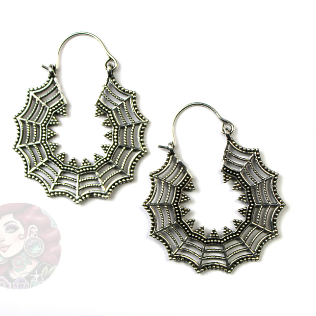 Silver Brass Spiderweb Hanger Earrings – Suitable for Standard Piercings or Stretched Ears