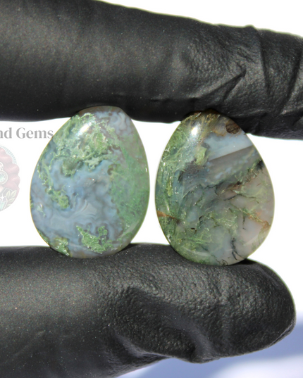 Moss Agate Stone Tear Drop Plugs Double Flare Pair Green Natural Gauges 6mm-16mm