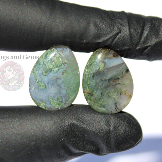 Moss Agate Stone Tear Drop Plugs Double Flare Pair Green Natural Gauges 6mm-16mm