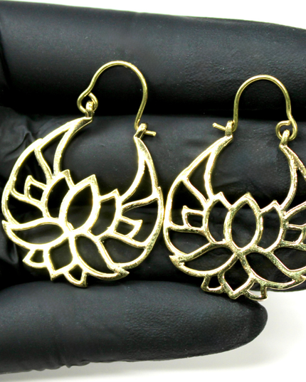 Lotus Flower Golden Brass Earrings Suitable for Standard Piercing and Stretched Ears