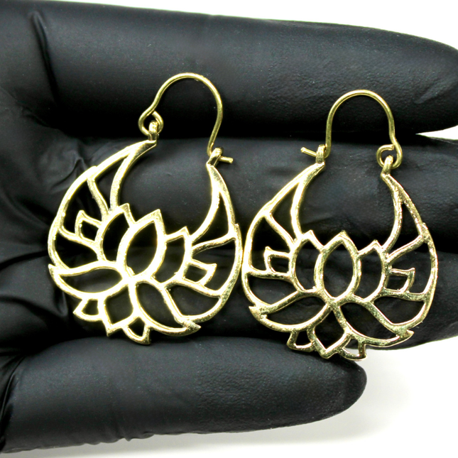 Lotus Flower Golden Brass Earrings Suitable for Standard Piercing and Stretched Ears